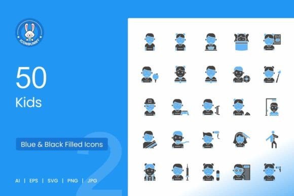 50 Kids Blue Black Icons: Versatile Graphics for Digital Publishing
