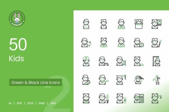 50 Kids Green Black Icons for Graphics & Digital Products